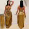 Fashionable women's sexy neck hanging gold chain pleated bag arm dress