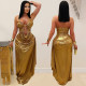 Fashionable women's sexy neck hanging gold chain pleated bag arm dress