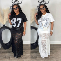 Fashionable round neck printed casual dress with milk silk splicing lace long skirt, fashionable women's clothing