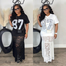 Fashionable round neck printed casual dress with milk silk splicing lace long skirt, fashionable women's clothing