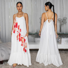 Fashionable women's sexy suspender floral print backless dress