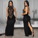 Fashionable women's sexy neck hanging lace sleeveless slit dress