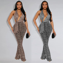 Fashionable women's sexy leopard print hanging neck bag arm jumpsuit