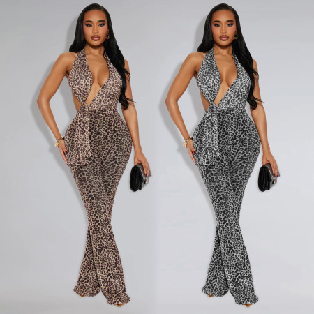 Fashionable women's sexy leopard print hanging neck bag arm jumpsuit