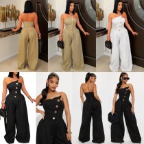 Personalized strapless big button sleeveless sports and fitness wide leg jumpsuit