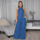 Splicing sleeveless hanging neck wide leg jeans jumpsuit set