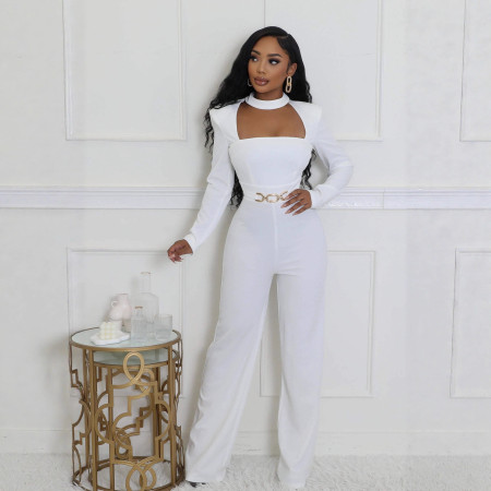 Personalized elegant scarf long sleeved wide leg jumpsuit