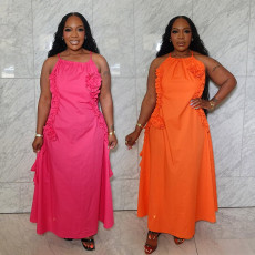 Foreign trade lace up sleeveless solid color dress with black fungus edge suspender long skirt, loose casual style