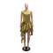 Round neck flash silk wrinkled fabric irregular short skirt solid color dress