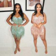 Strapless top paired with hip hugging skirt, fashionable tassel two-piece set for women's wear