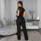 Round neck short sleeved lace jumpsuit wide leg pants women's solid color pants
