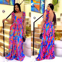 Fashionable women's elegant ruffled shoulder strap printed dress new