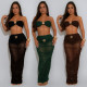 Fashion women's sexy strapless transparent mesh long skirt two-piece set