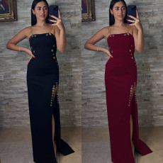 Fashionable women's elegant gold chain sexy suspender slit dress