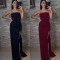 Fashionable women's elegant gold chain sexy suspender slit dress