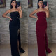 Fashionable women's elegant gold chain sexy suspender slit dress