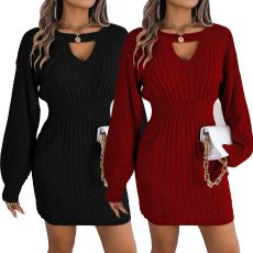 Sexy and fashionable winter imitation cashmere long sleeved round neck women's dress