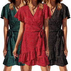 Sexy and fashionable digital printed V-neck short sleeved women's dress