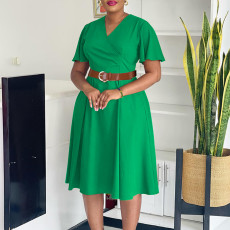 Fashionable and elegant solid color plus size V-neck flared sleeve dress
