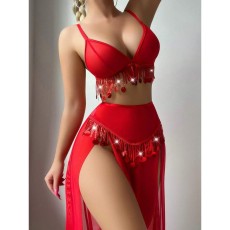 Hollow sequin chain red sexy lingerie set