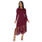 Fashion women's slim fit solid color round neck fringed hem dress