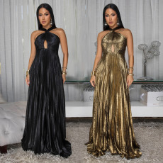 Fashionable women's clothing, elegant and high-end long throw gold foil solid color dress