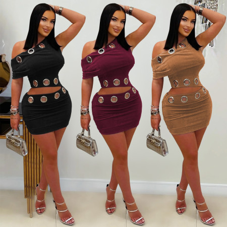 Fashionable women's sexy corns button off shoulder top, short skirt, two pieces