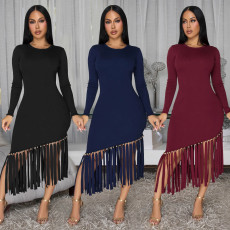 Fashion women's slim fit solid color round neck fringed hem dress