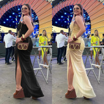 Fashionable women's sexy perspective mesh slanted shoulder slit dress