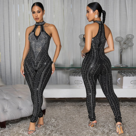 Fashionable women's elegant solid color rhinestone high-end slim fit jumpsuit