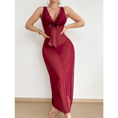 Lace long skirt sexy pajama temperament dress wine red sexy nightgown