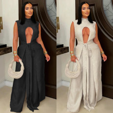 Fashionable Women's Sexy Solid Color Strapped Sleeveless Pantsuit