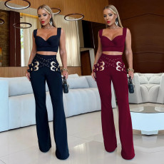 Fashion Women's Sexy Casual Chicken Eye Button Top and Pants Set