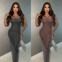 Fashionable sexy sheer lace embellished bag arm backless dress