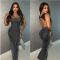 Fashionable sexy sheer lace embellished bag arm backless dress