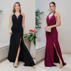 Fashionable women's elegant solid color sexy V-neck slit dress