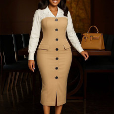 Autumn and winter women's fashion professional long sleeved suit collar patchwork hip pencil skirt foreign trade dress