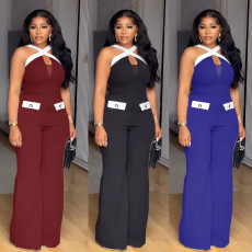 Elegant commuting contrasting cross suspender slim fit elastic wide leg jumpsuit