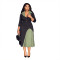 Elegant Commute Stand-Up Collar Waist-Tapered Elastic Pleated Patchwork Color-Block Dress