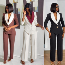 Elegant commuting contrasting color large lapel casual suit two-piece set