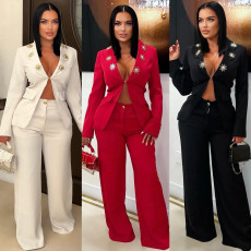 Elegant commuting contrasting color large lapel casual suit two-piece set