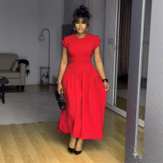 Elegant commuting elastic waistband pleated flying sleeve lace dress