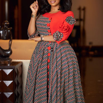 New fashionable and elegant round neck seven quarter sleeve printed patchwork African dress