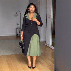 Elegant Commute Stand-Up Collar Waist-Tapered Elastic Pleated Patchwork Color-Block Dress