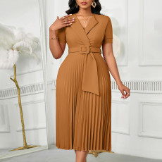 Sexy short sleeved V-neck fashionable temperament elegant pleated plus high waisted African dress