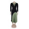Elegant Commute Stand-Up Collar Waist-Tapered Elastic Pleated Patchwork Color-Block Dress