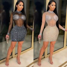 Fashionable sexy nightclub sparkling rhinestone sheer mesh long-sleeved dress