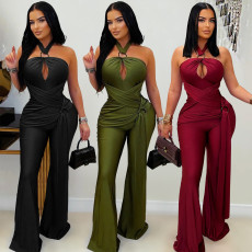 Fashion women's solid color temperament hanging neck wide leg bag arm jumpsuit