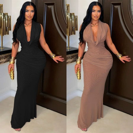 Fashionable women's temperament sleeveless pleated V-neck low cut dress