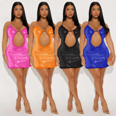 Strap sequin dress, hollow out sexy sequin short skirt, hip hugging skirt, women's clothing